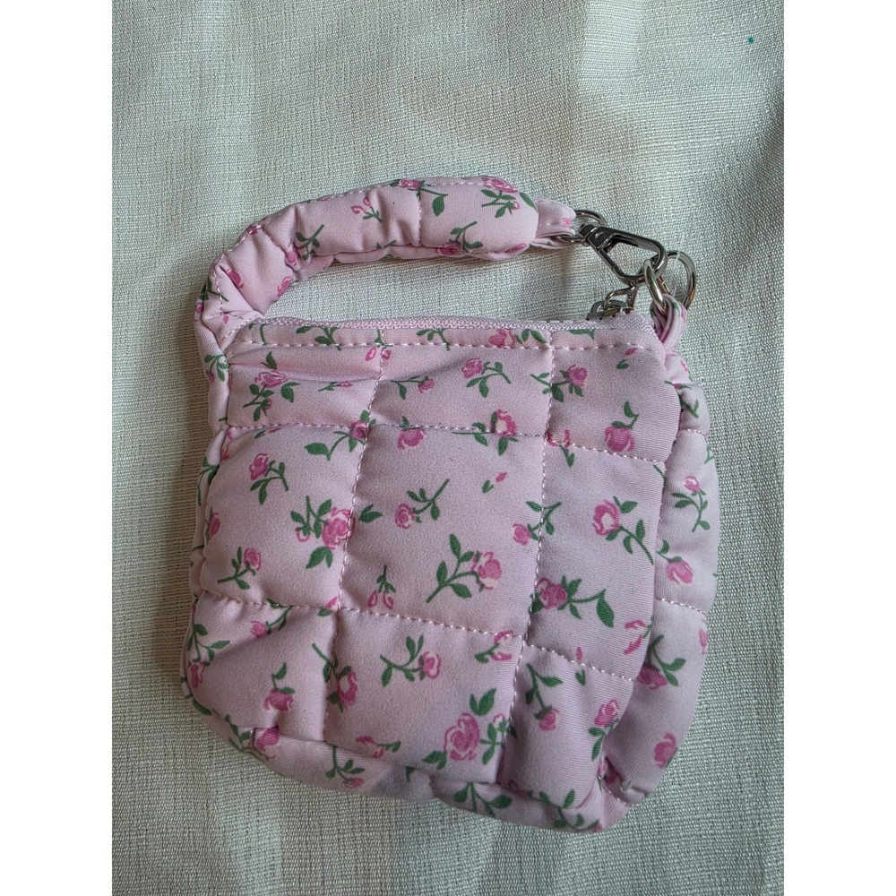 Pink Floral Quilted Mini Puffy Purse Rose Print Small Handbag with Key Ring